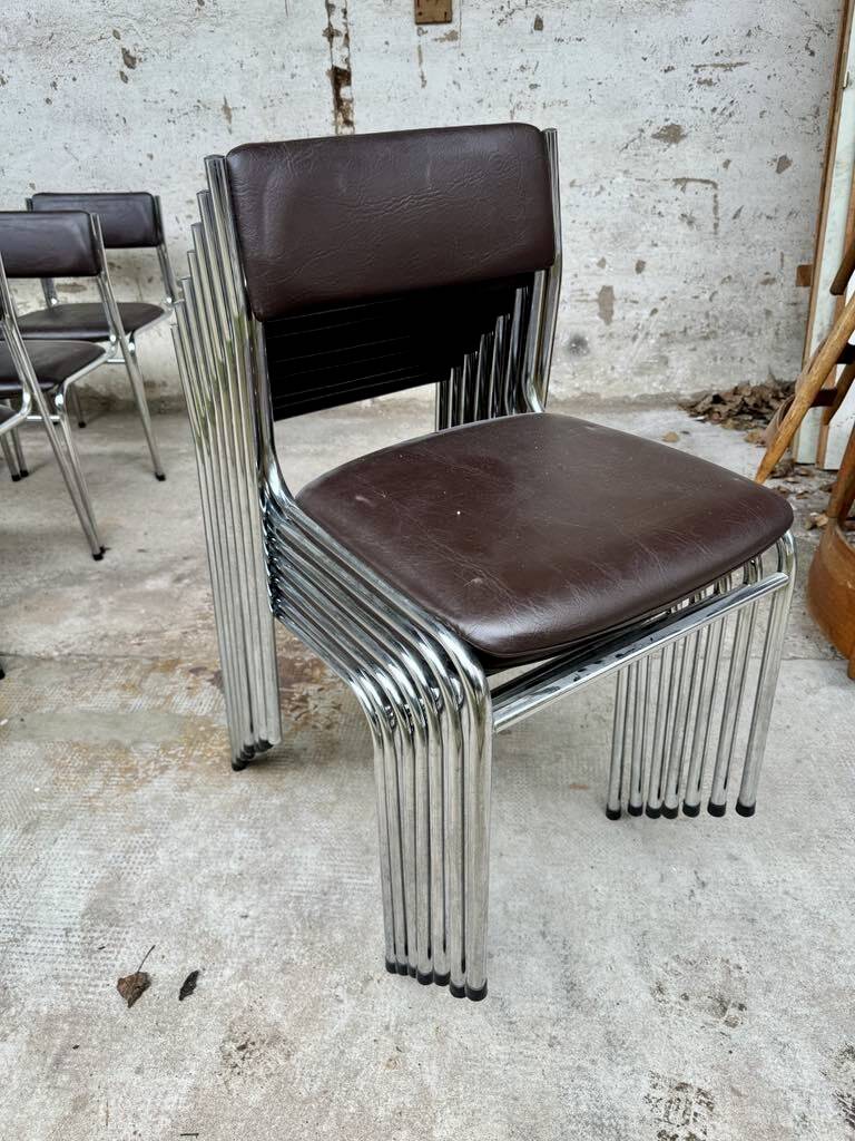 Series of 42 civic chairs year 1970 stackable chrome and skai