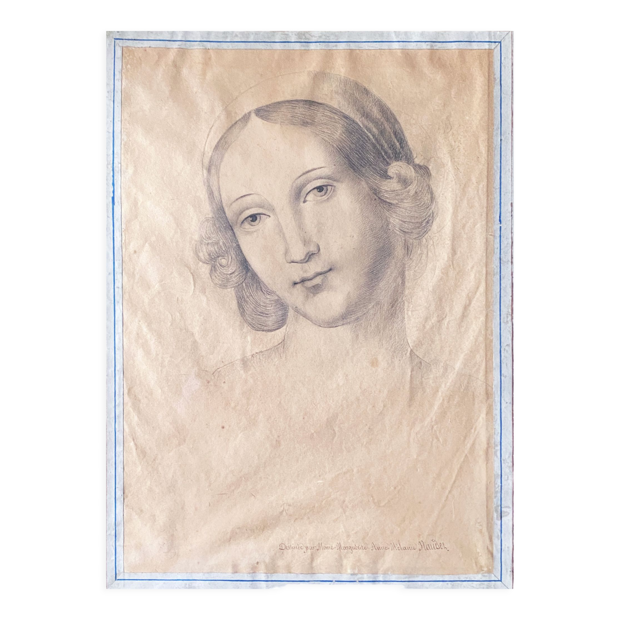 Painting drawing "Portrait of woman" nineteenth century lead mine signed Mauder