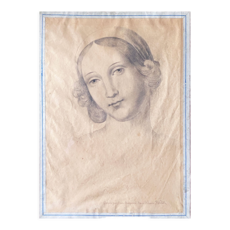 Painting drawing "Portrait of woman" nineteenth century lead mine signed Mauder