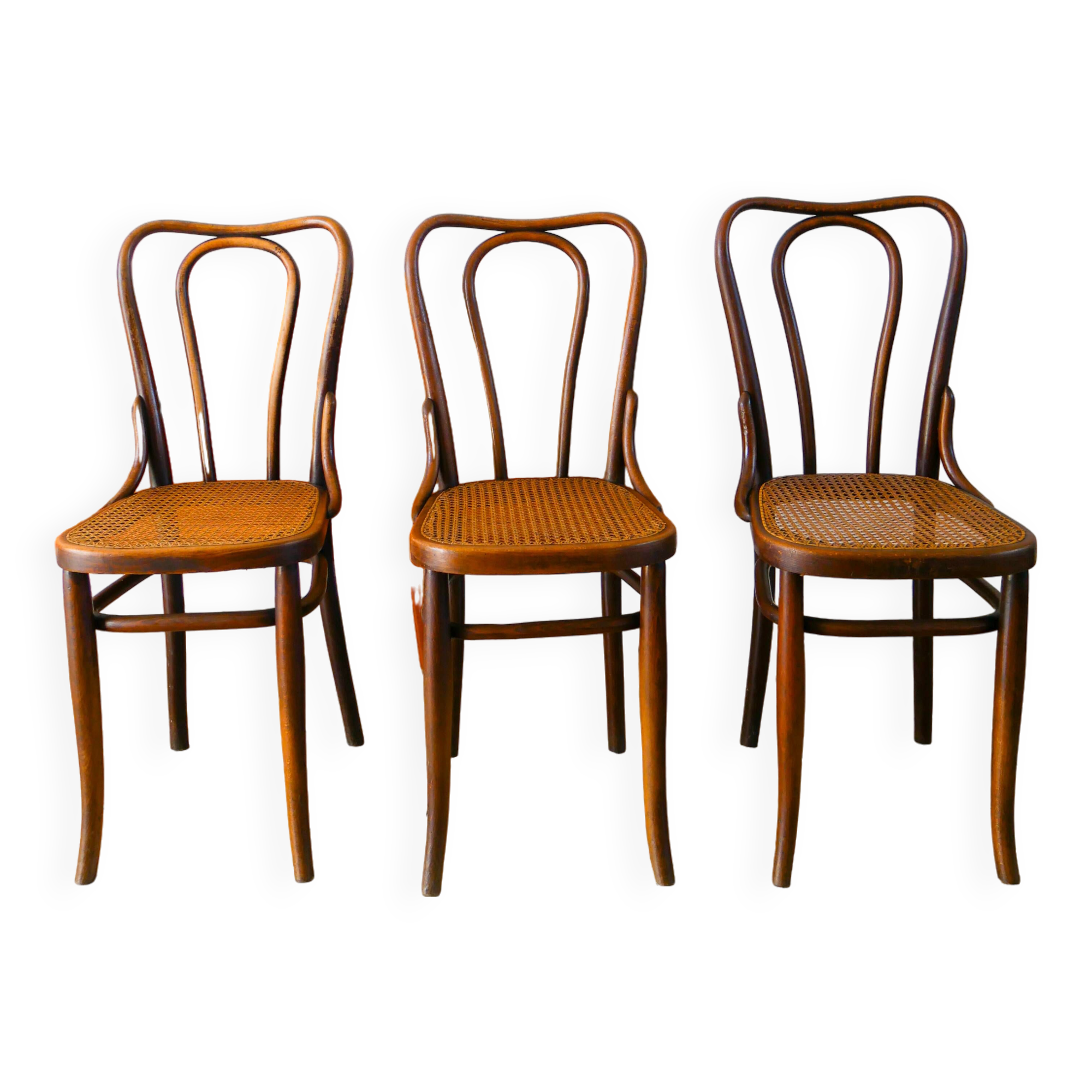 Set of 3 bistro chairs in wood and canework signed J. Kohn, Made in Austria, 20th century