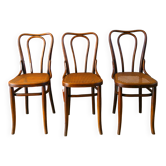 Set of 3 bistro chairs in wood and canework signed J. Kohn, Made in Austria, 20th century