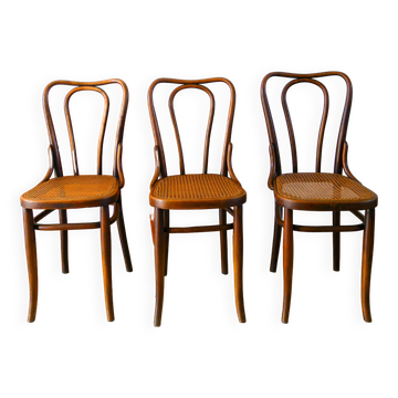 Set of 3 bistro chairs in wood and canework signed J. Kohn, Made in Austria, 20th century