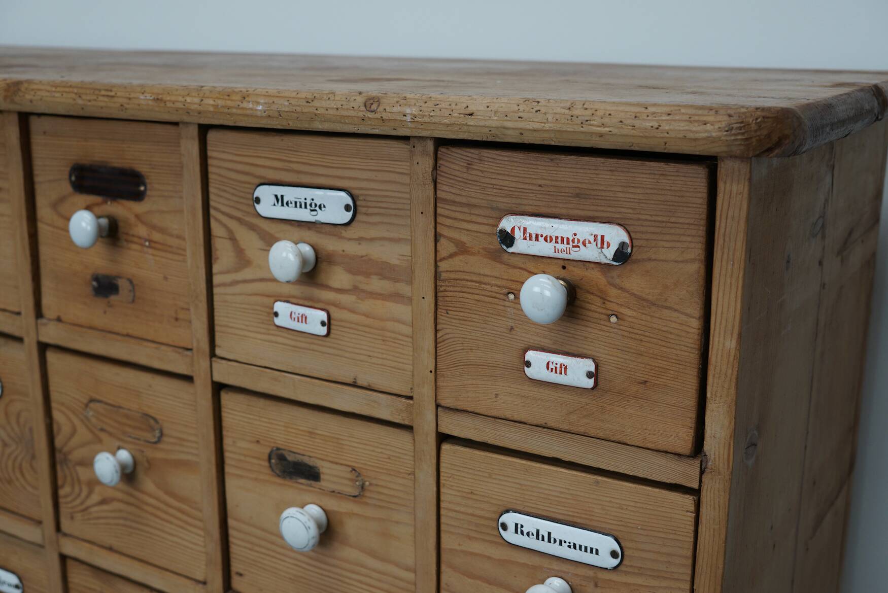 Antique German Pine Apothecary Cabinet with Enamel Shields, 1900s