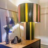 Lampe en fils de coton bleu marine, vert olive et jaune, "L'Elégante"