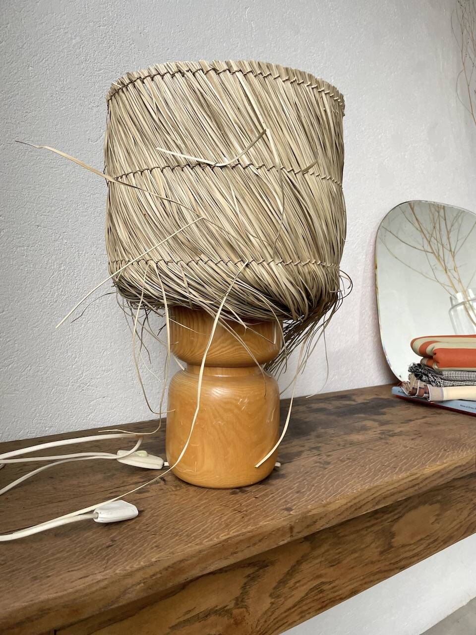 50s wood and straw lamp