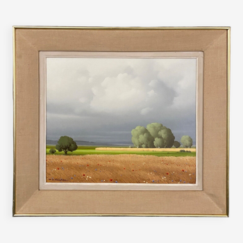 Huile sur toile par Pierre de Clausade XXe paysage arbres coqueliquots