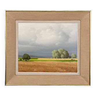 Oil on canvas by Pierre de Clausade XXth landscape poppy trees