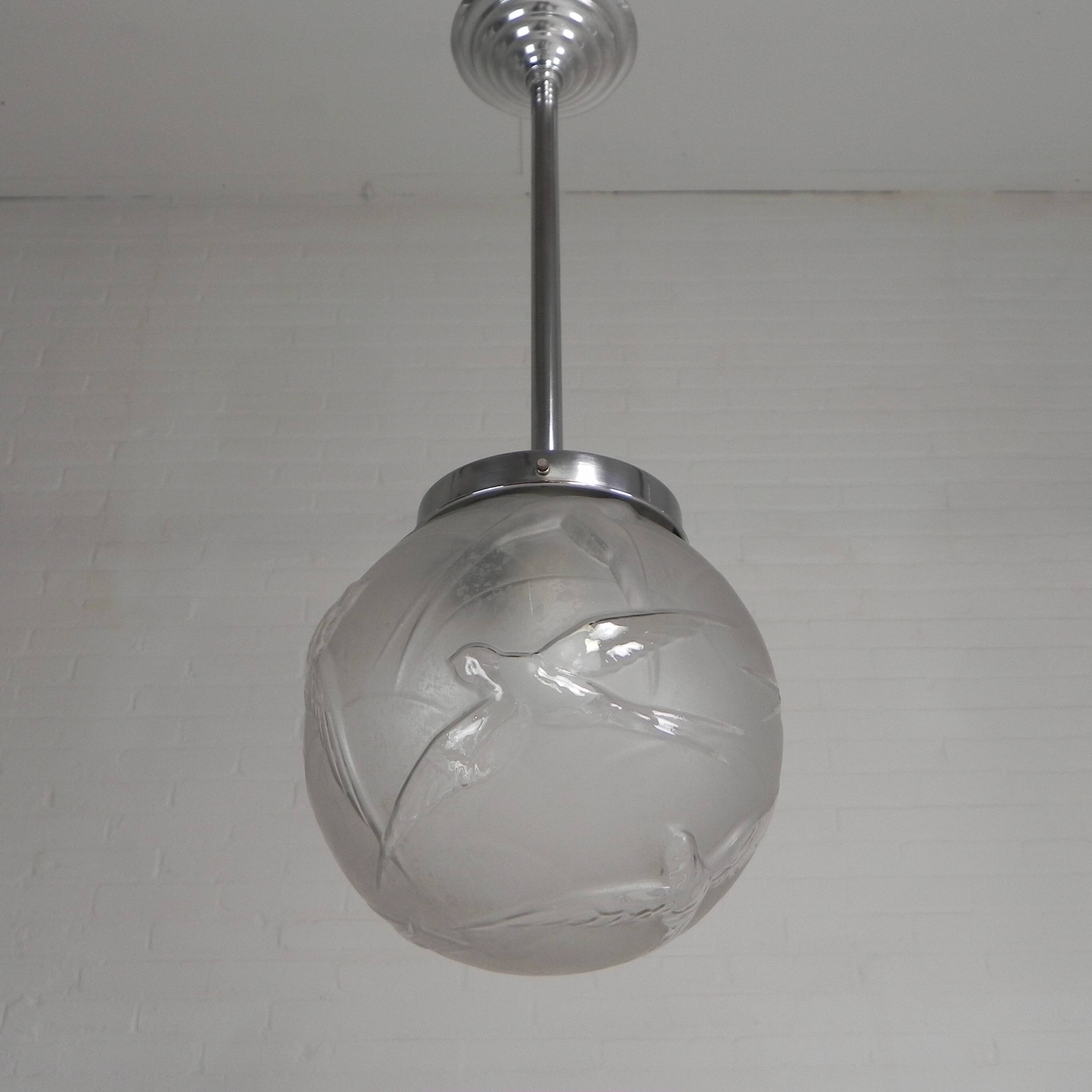 Art Deco pendant light with engraved glass globe and birds, 1930s