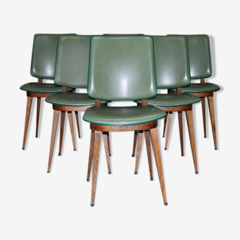 Set of 6 vintage dining room chairs in green skai