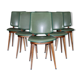 Set of 6 vintage dining room chairs in green skai