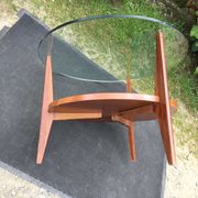 Vintage coffee table round compass legs top in glass and teak wood
