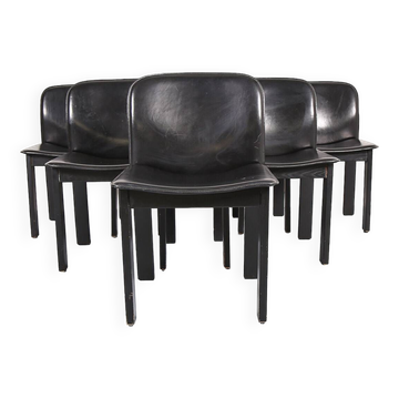 Lot de 6 chaises de salle à manger en bois et cuir noir