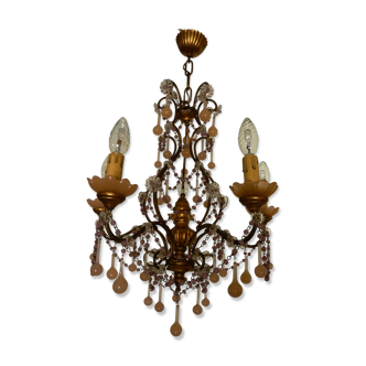 Metal Golden pampille pink Murano opaline and gilded wood chandelier