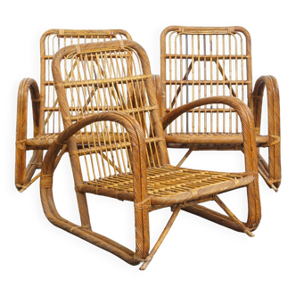 Ensemble de 3 fauteuils vintage en rotin français des années 1950