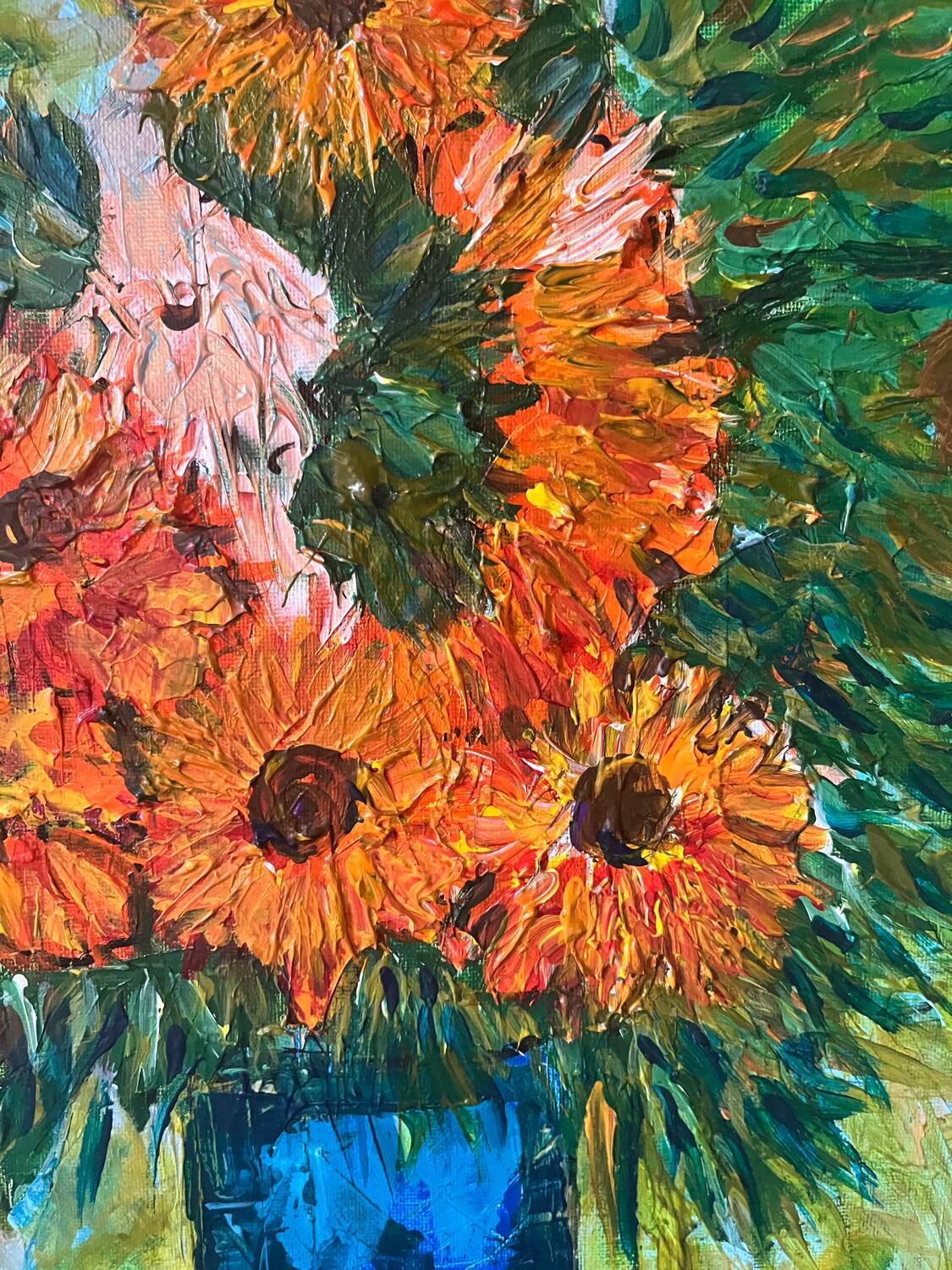Sunflowers in a blue vase, knife technique, signed