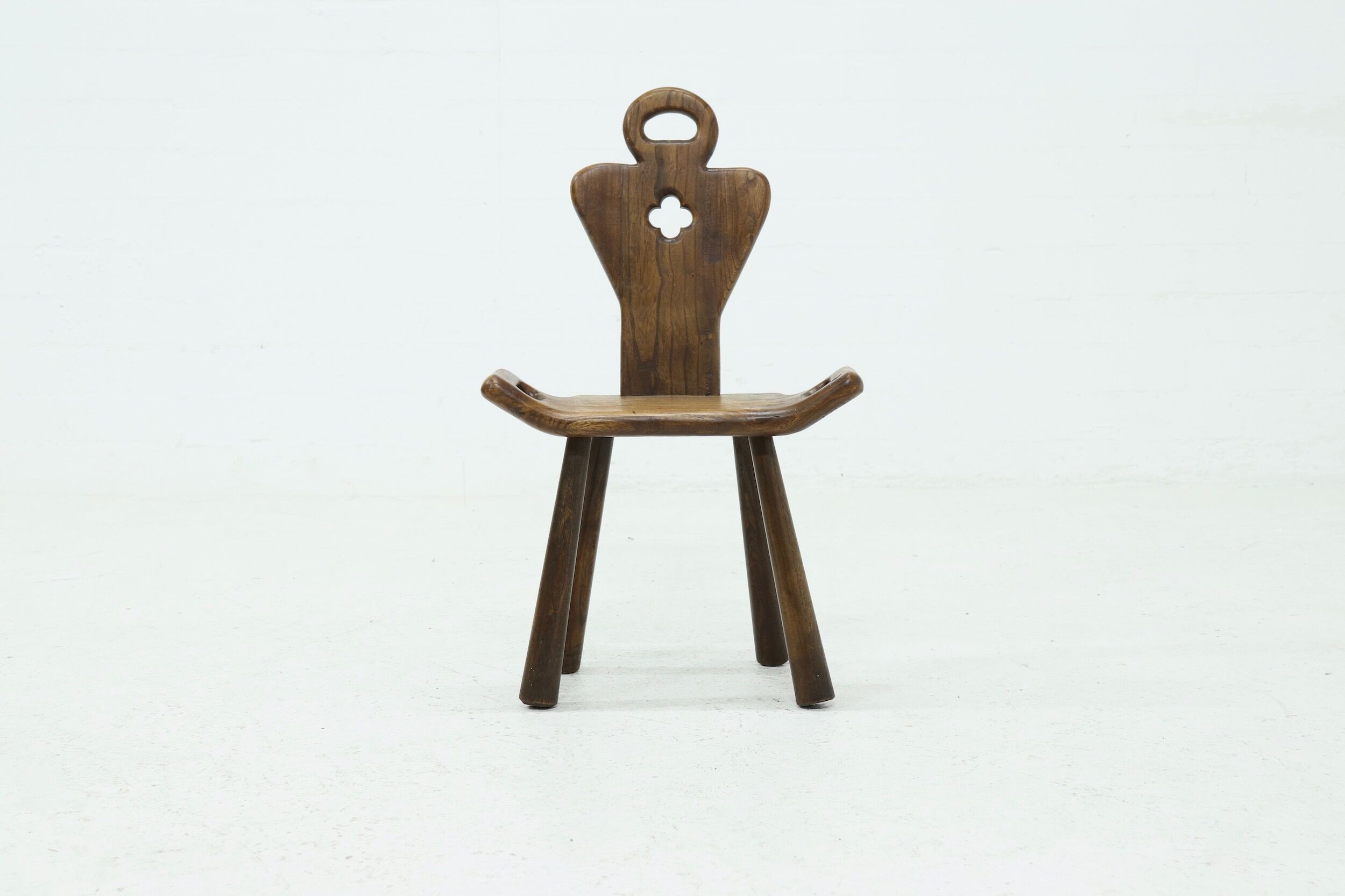 Brutalist Spanish Side Chair Stool in Solid Oak, 1960s