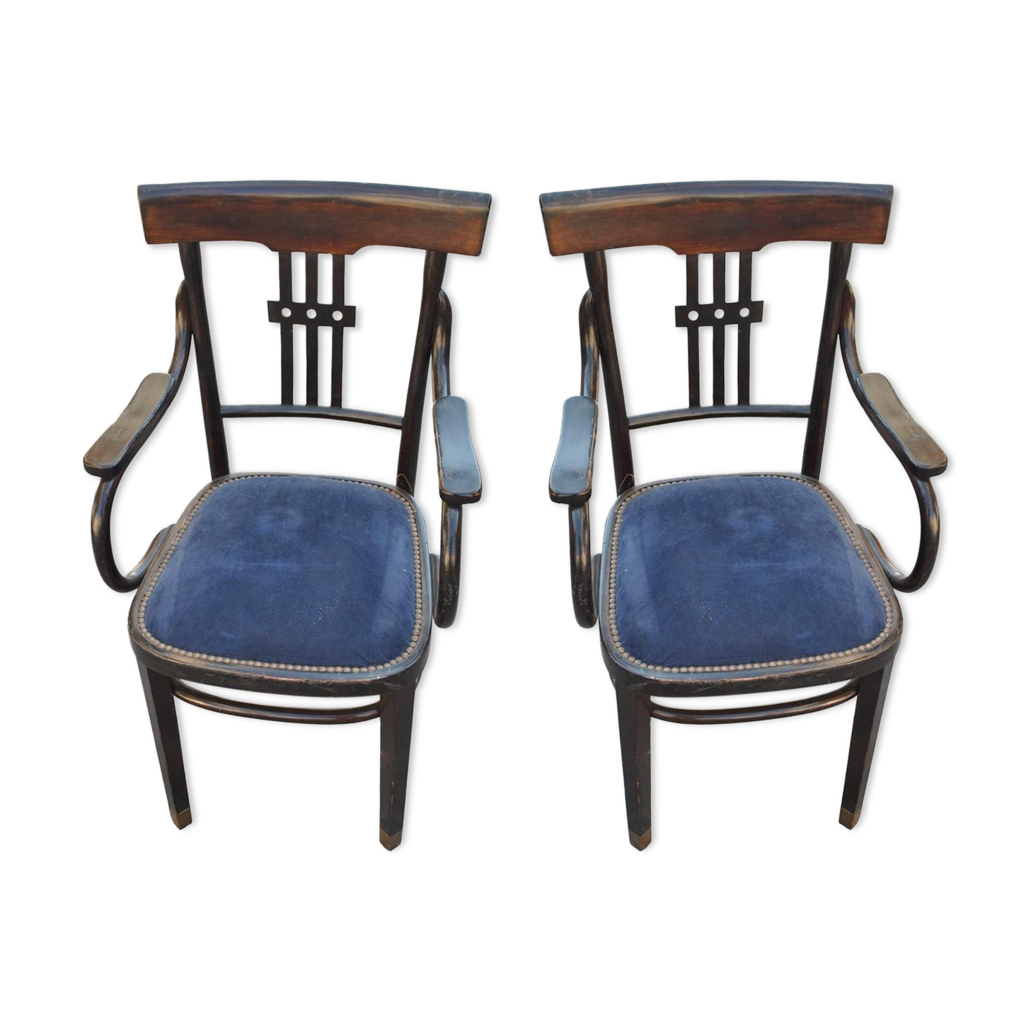 Pair of chairs time-blackened wooden 1900 Blue Velvet