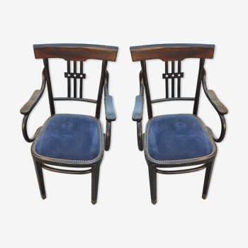 Pair of chairs time-blackened wooden 1900 Blue Velvet
