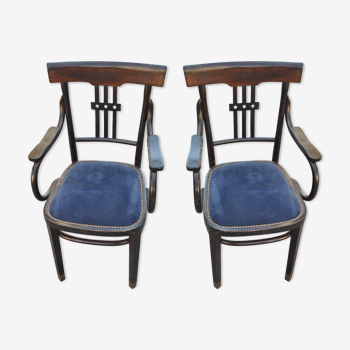 Paire de fauteuils en bois noirci époque 1900 velours bleu