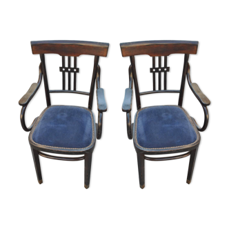 Pair of chairs time-blackened wooden 1900 Blue Velvet
