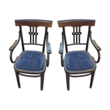 Paire de fauteuils en bois noirci époque 1900 velours bleu