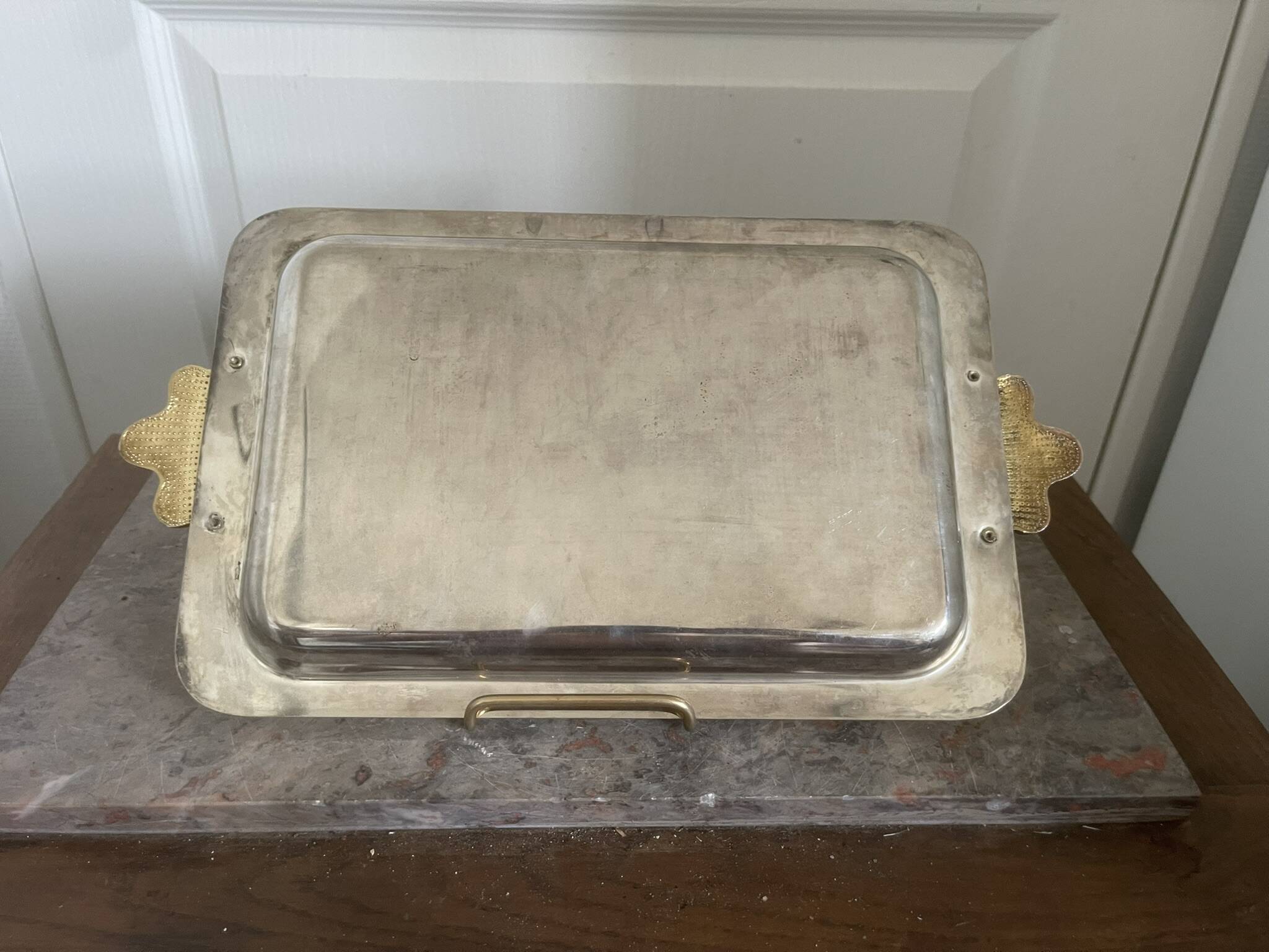Vintage Silver-Plated Metal Art Deco Serving Tray with Gilded Knot Handle