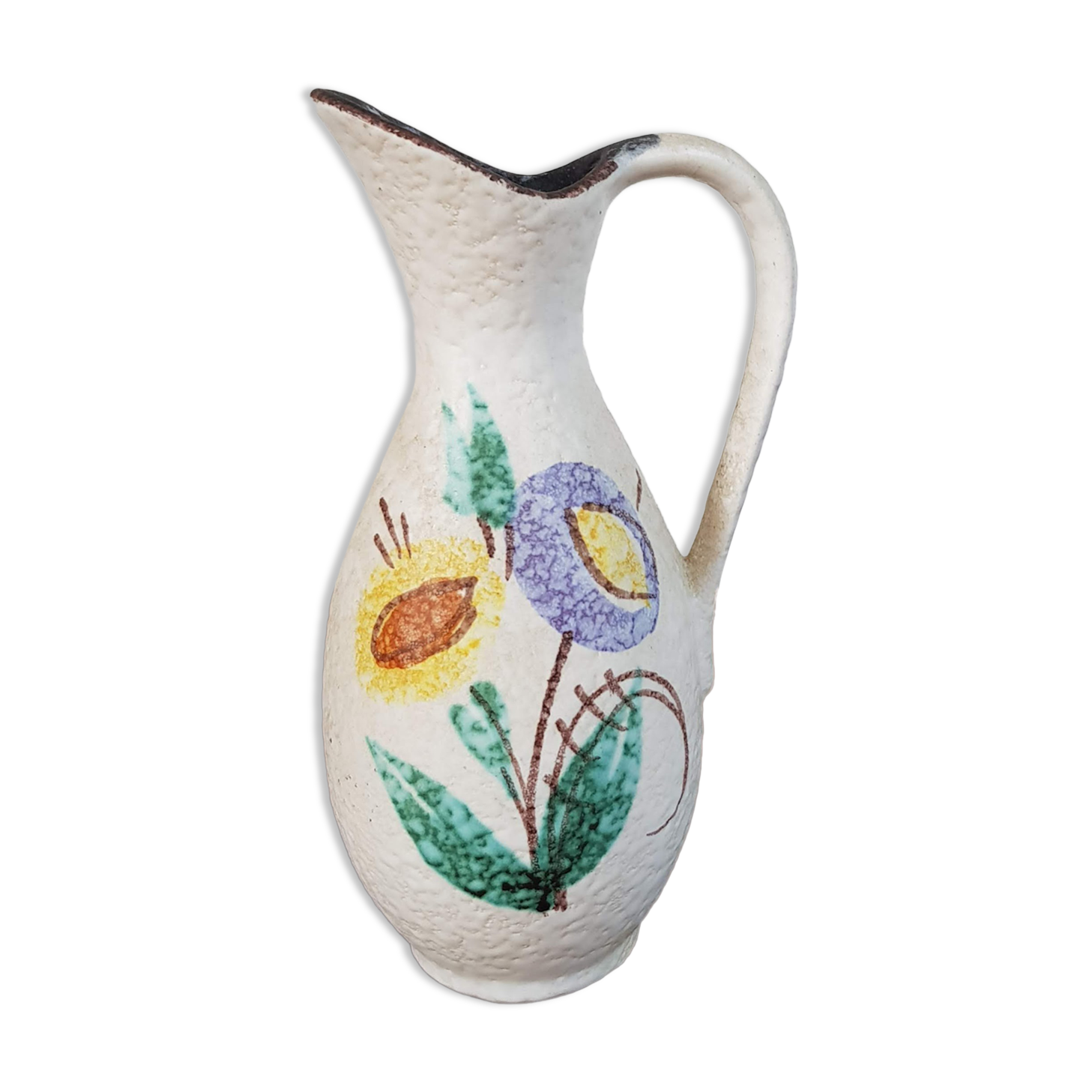 Vintage Scheurich Hand-Painted Fat Lava Vase with Handle - 1960s - Flowers - West Germany