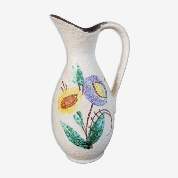 Vase de lave grasse scheurich vintage peint à la main avec poignée - Années 1960 - Fleurs - Allemagne de l’Ouest