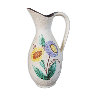 Vase de lave grasse scheurich vintage peint à la main avec poignée - Années 1960 - Fleurs - Allemagne de l’Ouest