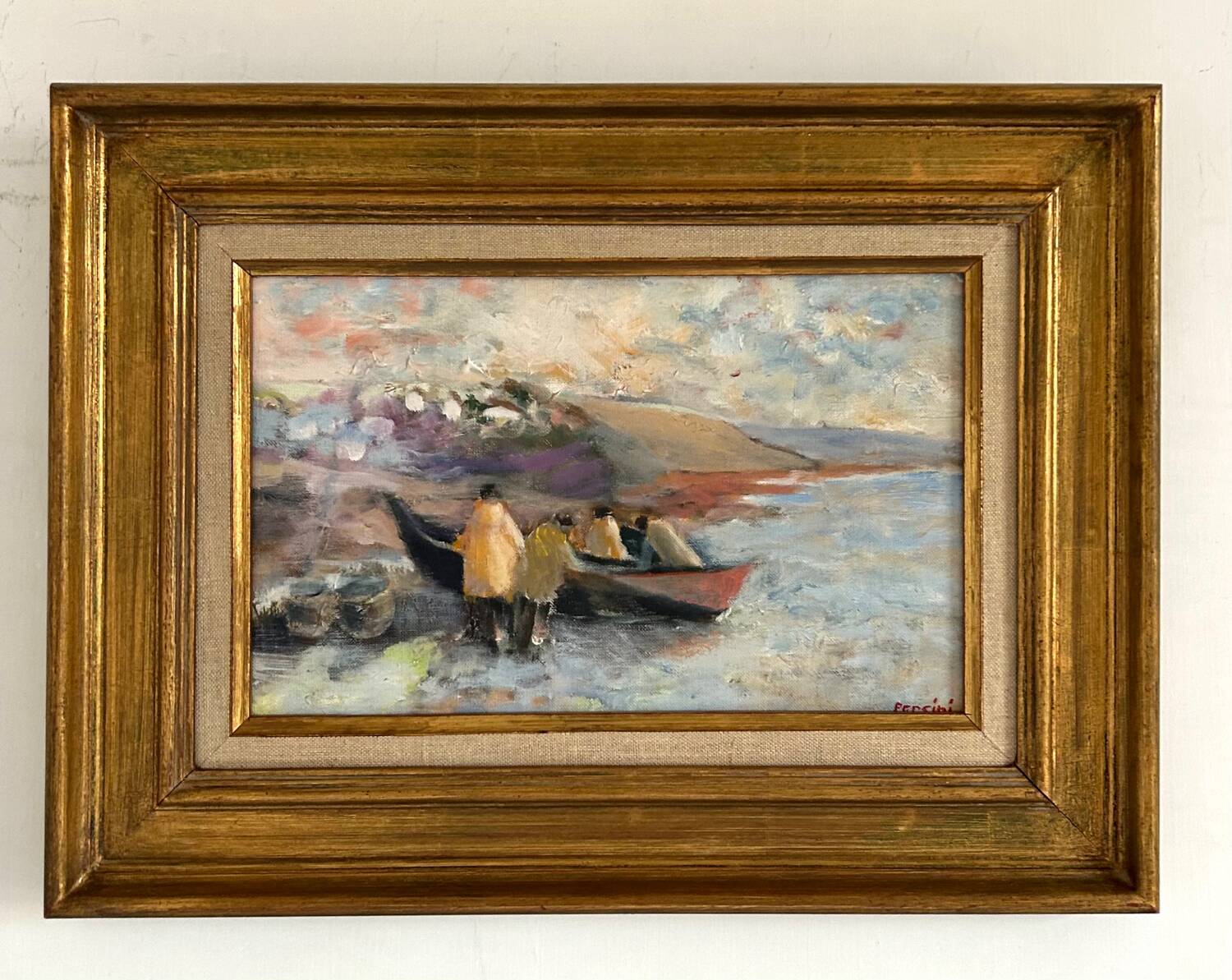 Oil on canvas "The Fishermen and the Doris" by Claude Persini. 20th century.
