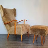 Norwegian sheepskin wing armchair with ottoman 1950