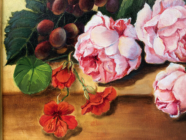 Fleurs et fruits, huile sur carton entoilé XXe