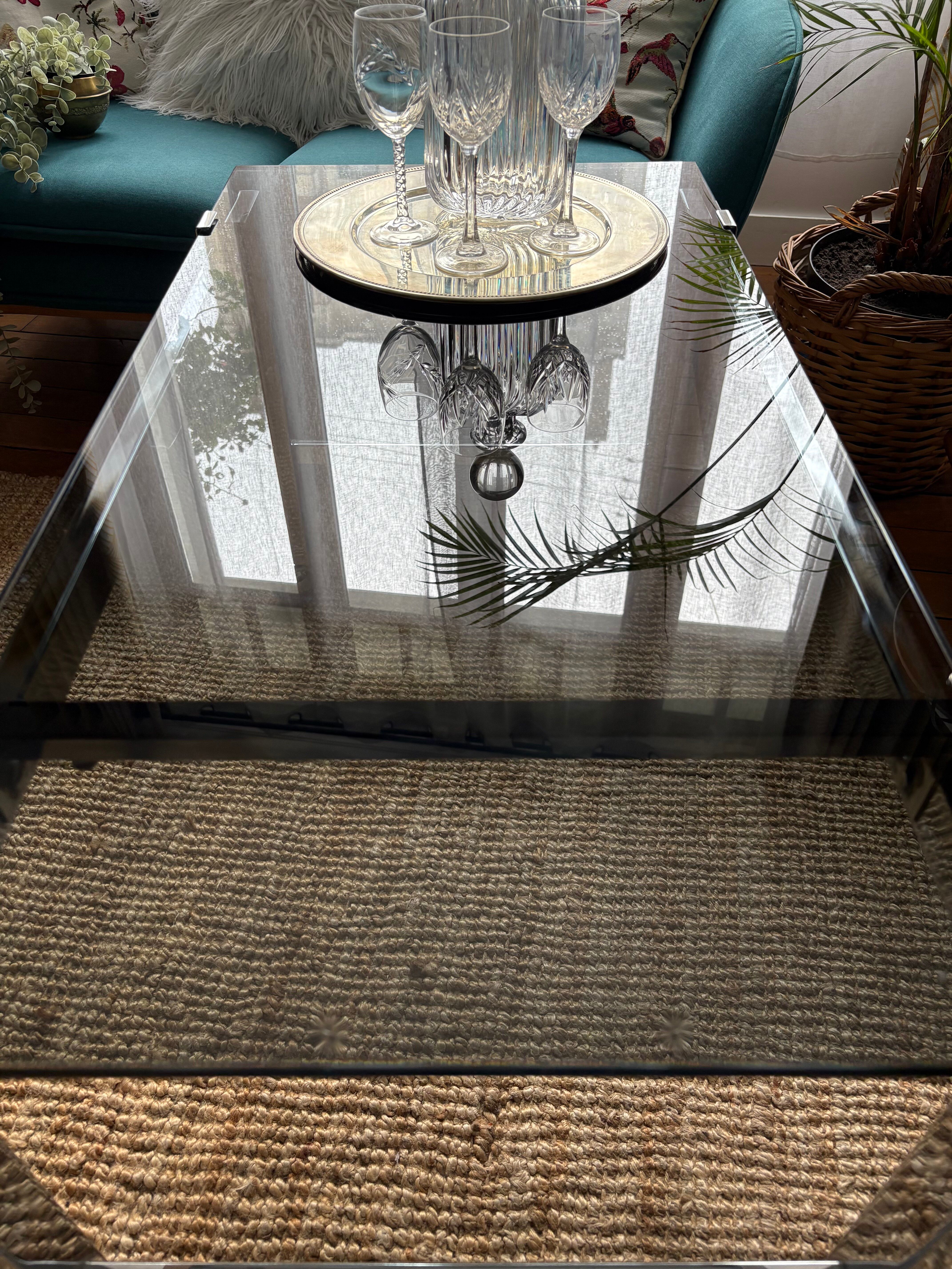 Chrome and smoked glass coffee table on wheels 1970