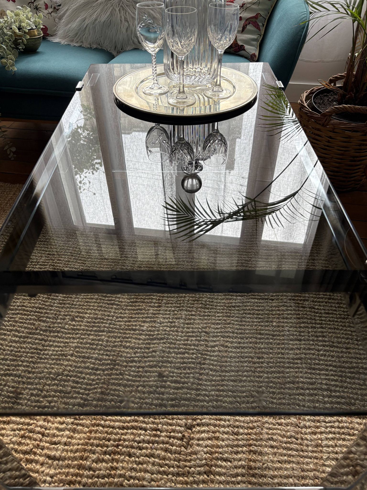 Chrome and smoked glass coffee table on wheels 1970