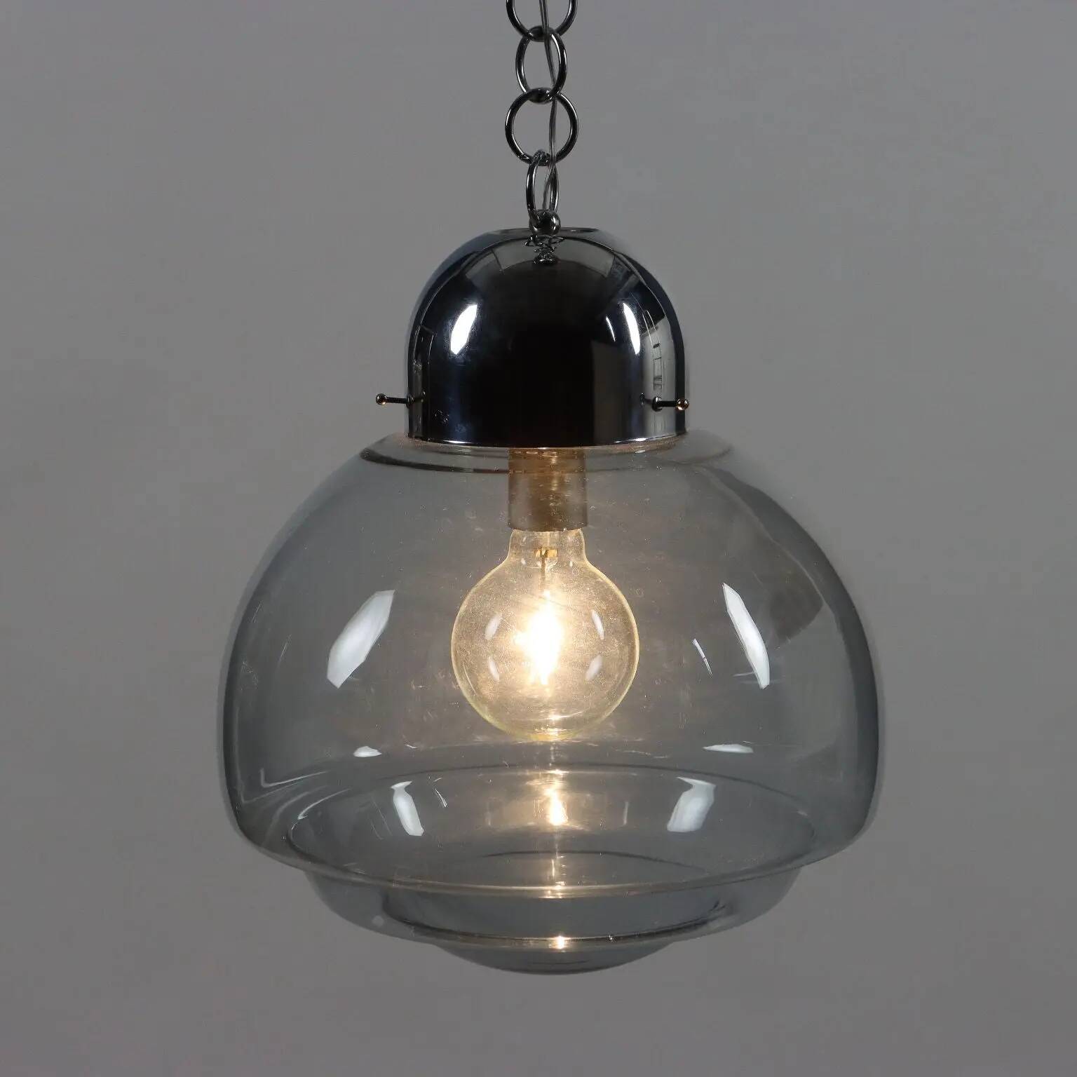 1960s vintage suspension in chrome metal and glass, Italy