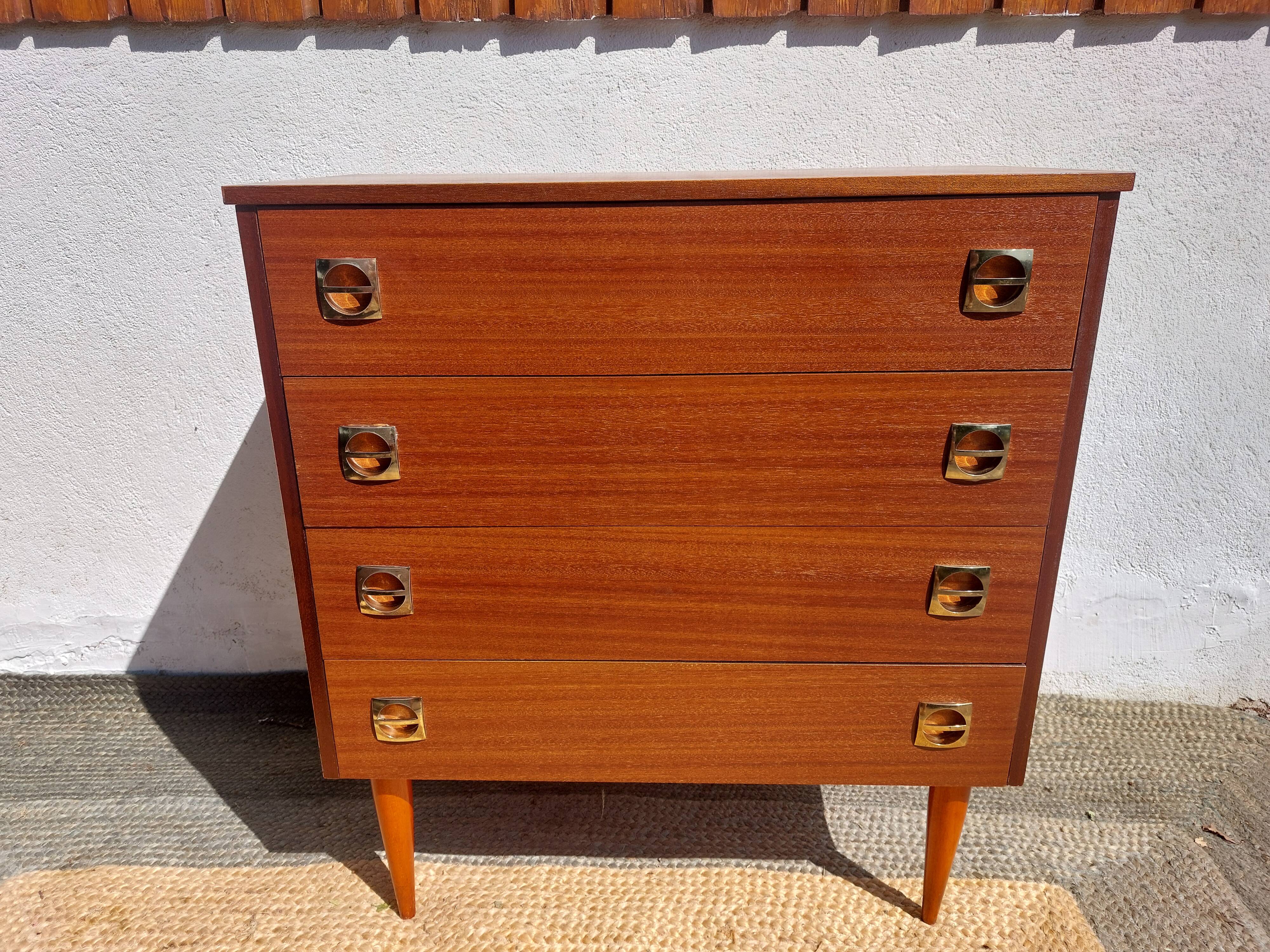 1960s chest of drawers, spindle legs, recessed handles