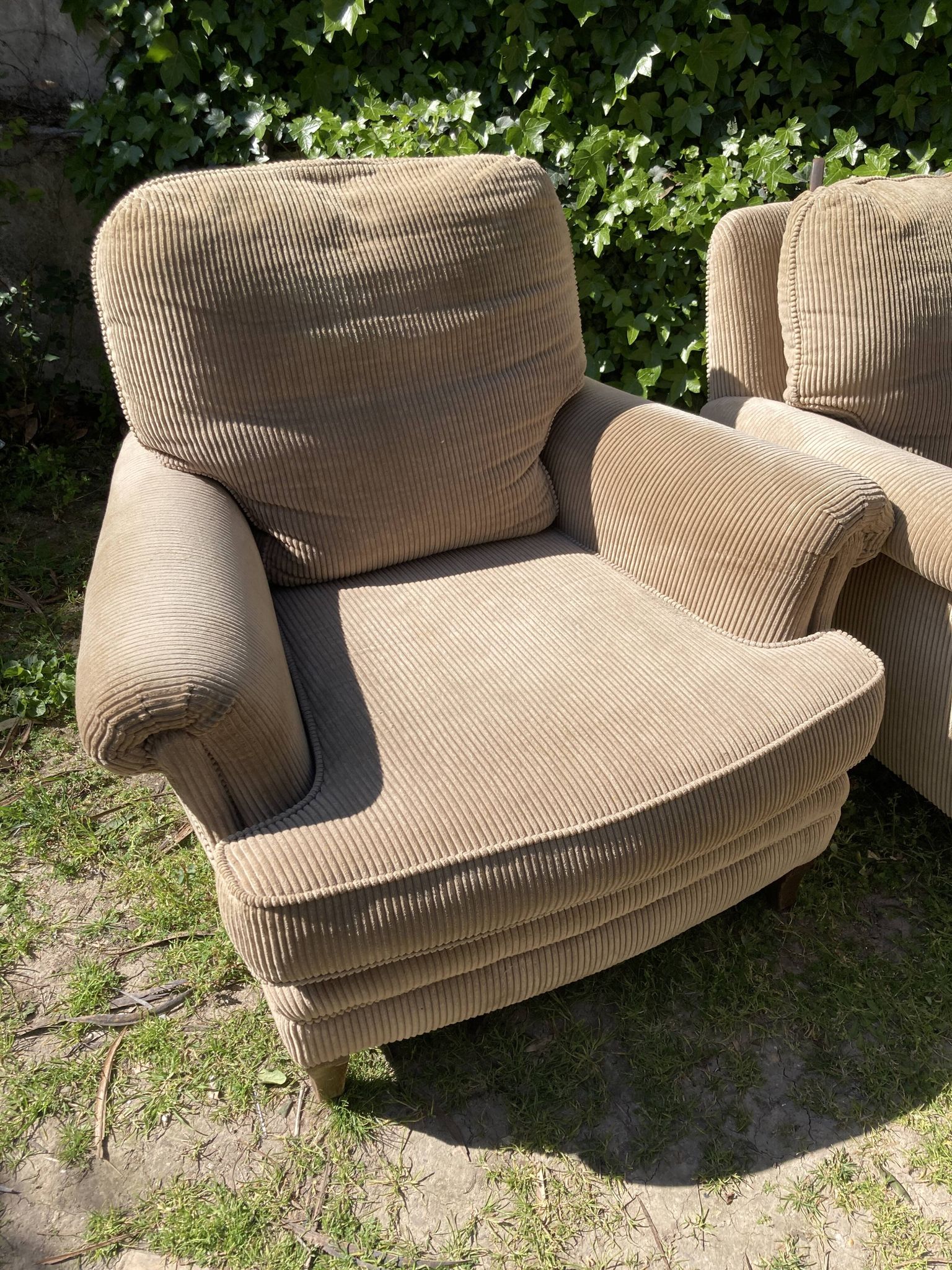 Pair of vintage ribbed velvet armchairs