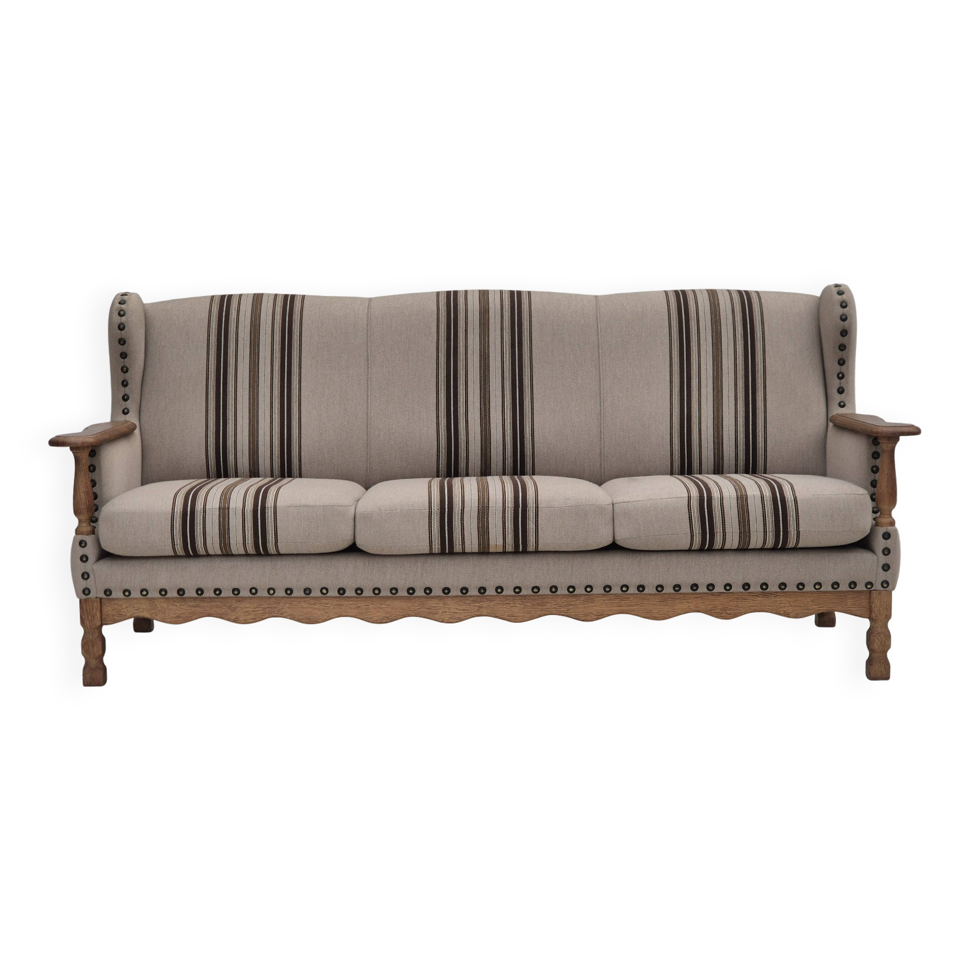 1970s, Danish 3-seater sofa, furniture wool fabric, oak wood, original.