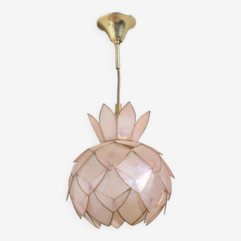 Lampe plafonnier lotus en nacre rose et laiton