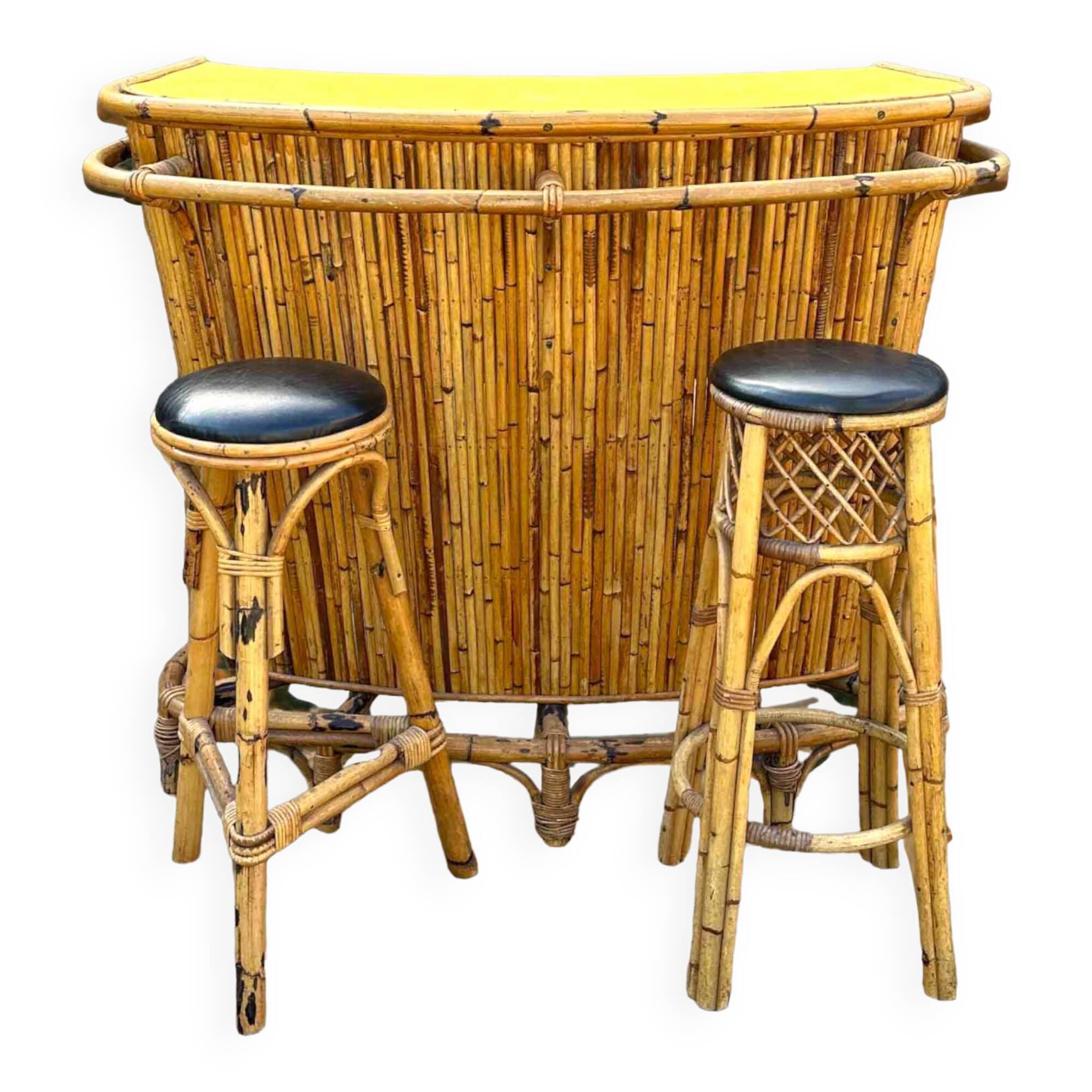 Bamboo and rattan tiki cocktail bar with stools, set of 3, 1960s