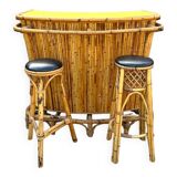 Bamboo and rattan tiki cocktail bar with stools, set of 3, 1960s