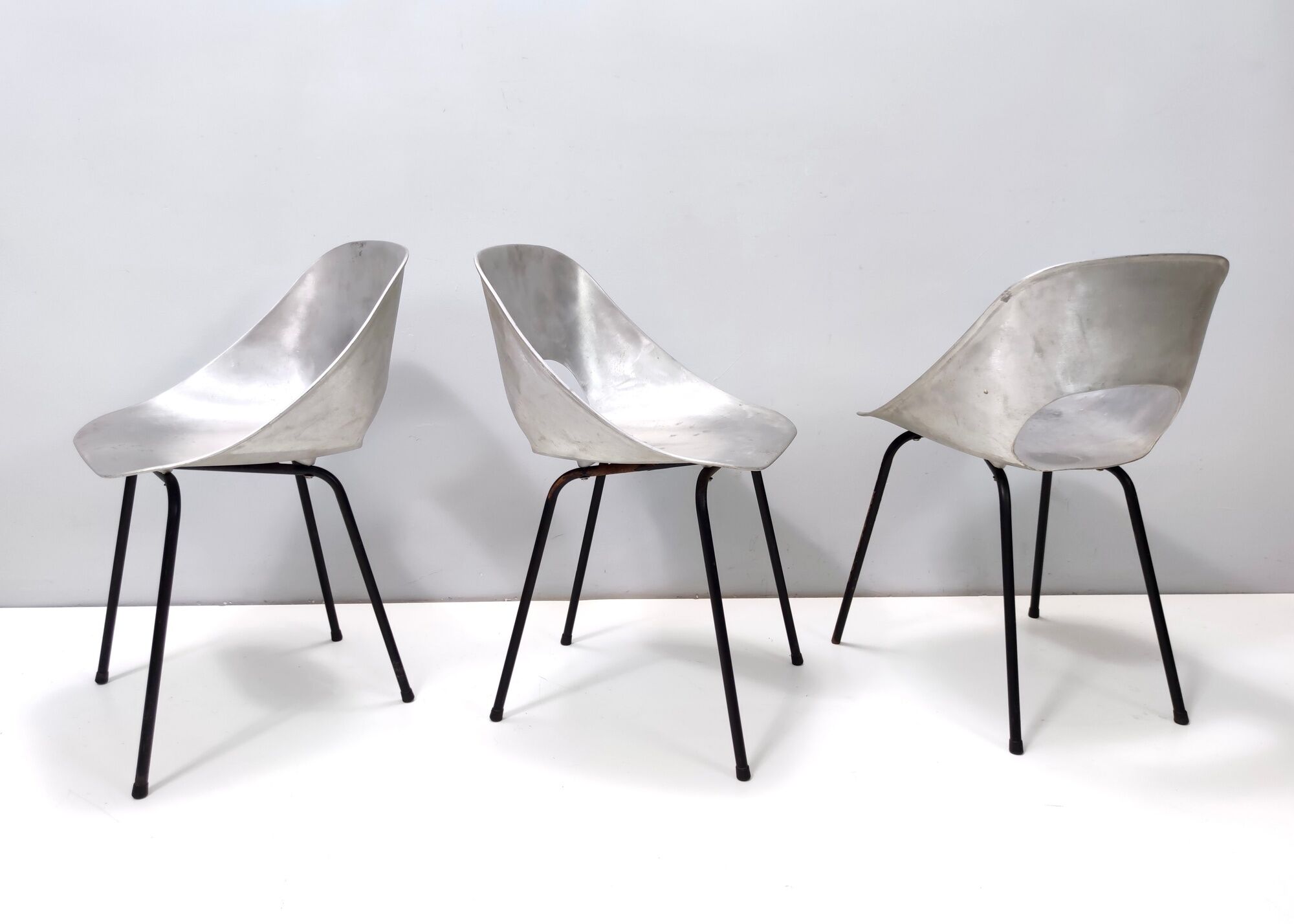Set of Three Aluminum "Tulipe" Tonneu Chairs by Pierre Guariche, France
