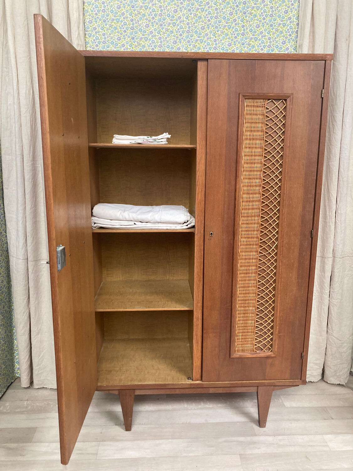 Vintage wood and rattan cabinet