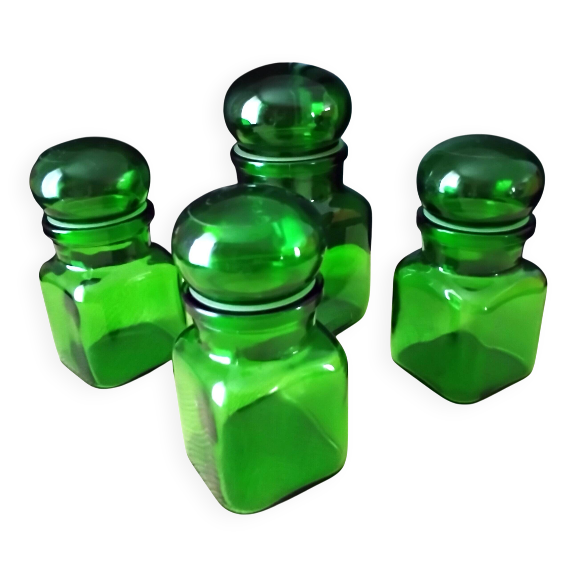 Set of 4 green glass jars, bottles from the 1970s.