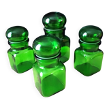 Set of 4 green glass jars, bottles from the 1970s.