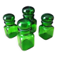 Set of 4 green glass jars, bottles from the 1970s.