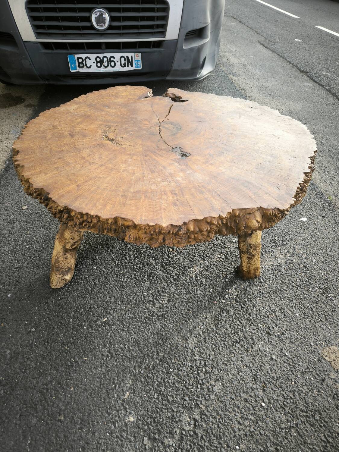 Brutalist coffee table in solid elm burl 108 cm diameter