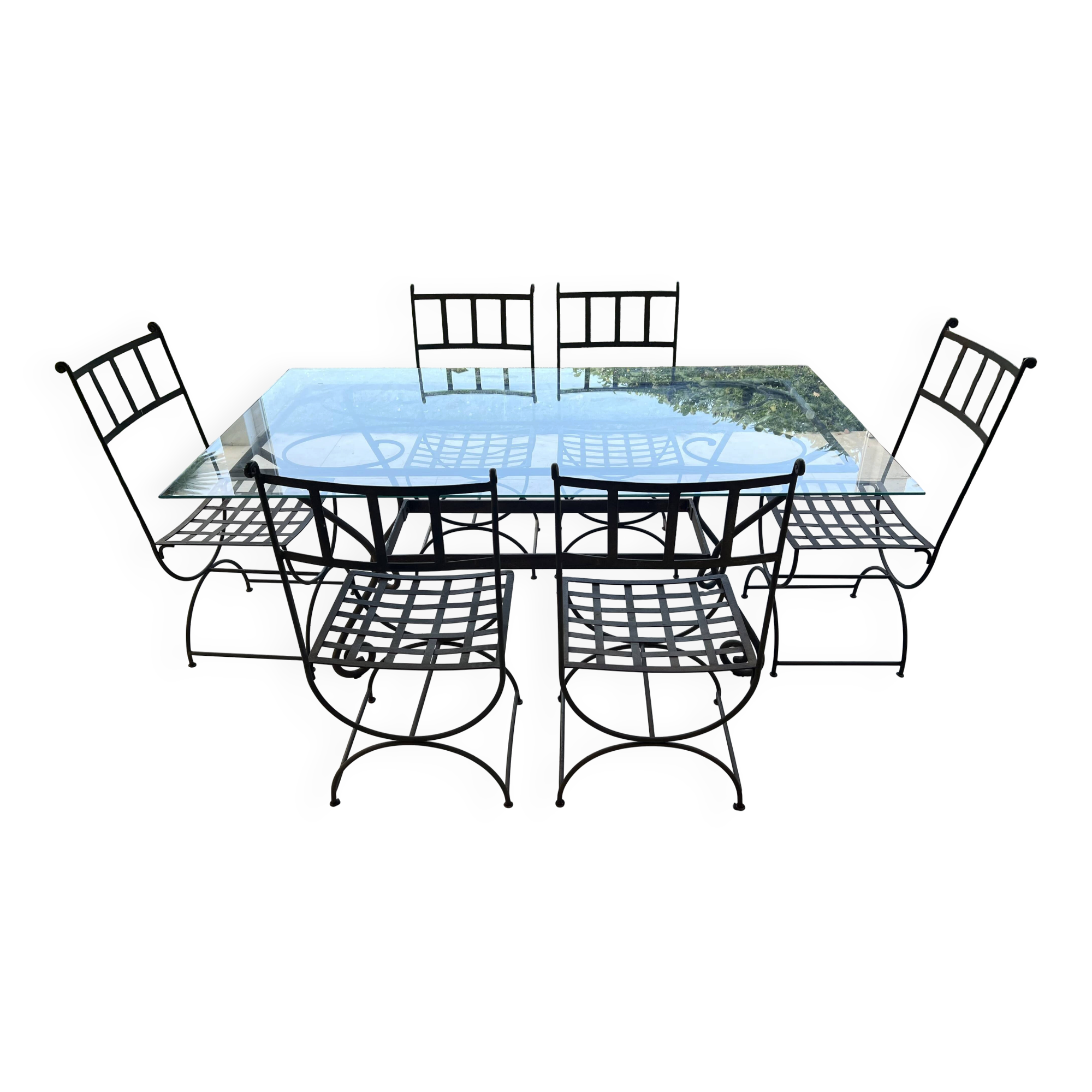 Table de terrasse plateau en verre + 6 chaises en fer forgé