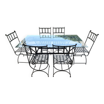 Table de terrasse plateau en verre + 6 chaises en fer forgé