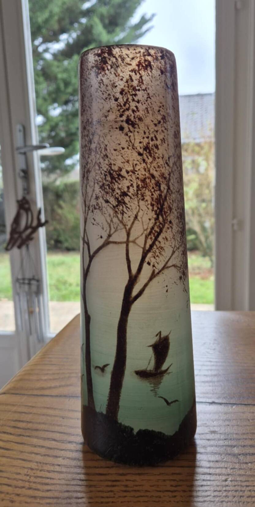 Frosted glass vase, painted Art Deco, signed.